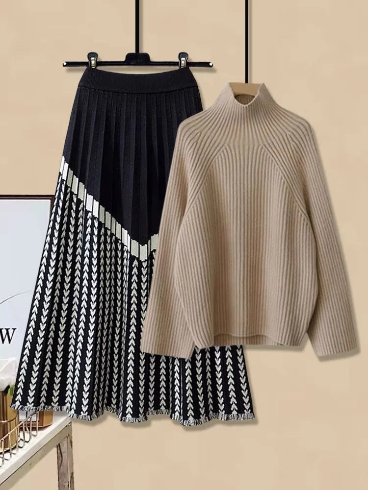 Autumn Winter Warm Knitted Suit Women Long Sleeve Half Turtleneck Knitting Sweater+striped Patchwork Knitting Skirts Sets 2023