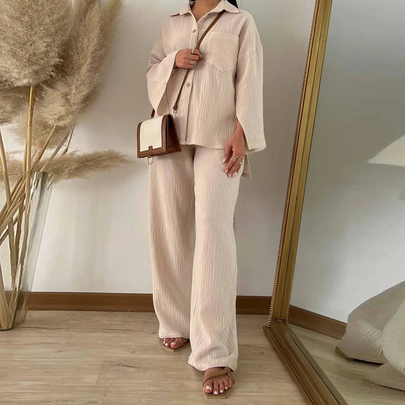 2023 Summer Pleated Long Sleeve Shirts Pant Sets Women Two Piece Set High Waist Trousers Button Ladies High Streetwear