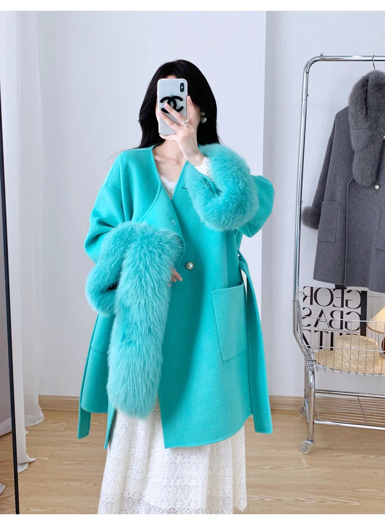 Winter Women Jacket 2023 New Wool Blends Natural Fox Fur Collar Sleeve Hair Cashmere Real Fur Coat Warm Luxury Outerwear