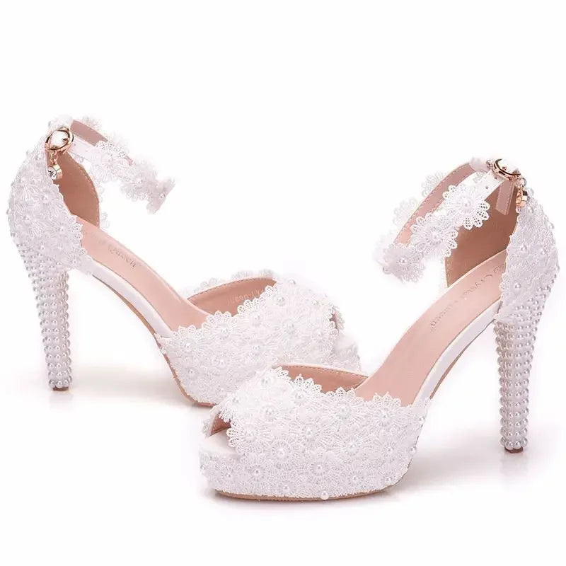 Hot Selling Women Shoes Pumps Dress Breathable Hollow Lace Buckle Strap Peep Toe Thin Heels11CM High Heels Shoes Women's Wedding