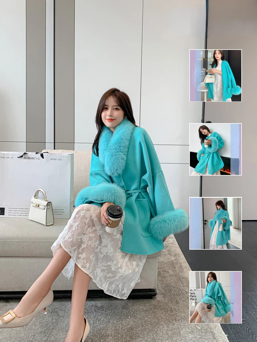 Winter Women Jacket 2023 New Wool Blends Natural Fox Fur Collar Sleeve Hair Cashmere Real Fur Coat Warm Luxury Outerwear