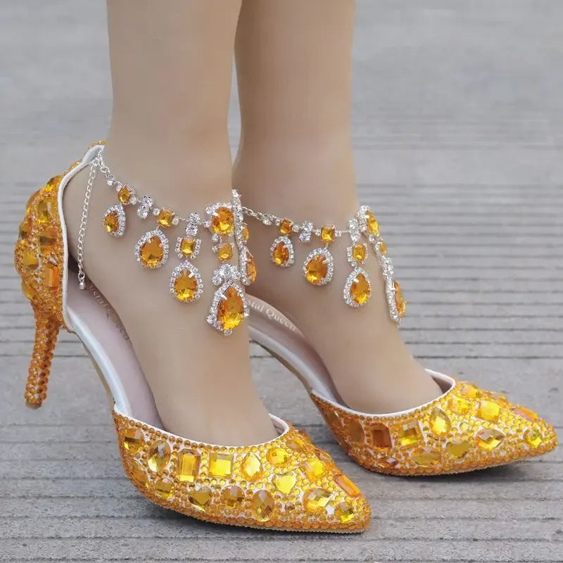 Hot Selling Women Shoes Pumps Dress Rhinestone Breathable Hollow Pointed Toe Thin Heels 9.5CM Women's Wedding High Heels Shoes