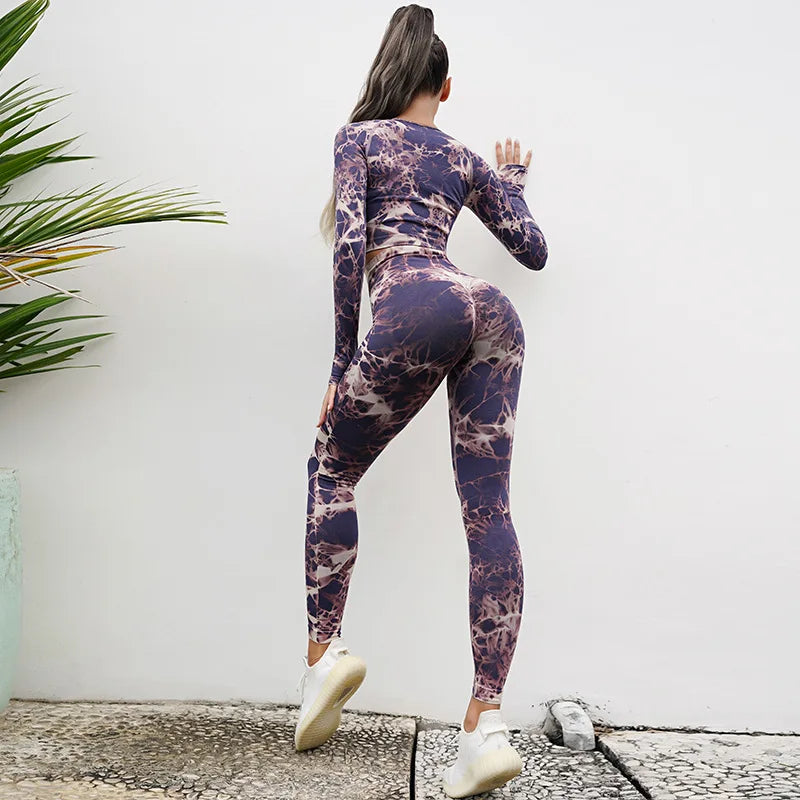 Die Dye Woman 2pcs Yoga GYM Set Sports Bra/Long Sleeve T-shirt Waisted Leggings Workout Suit Fashion Girls Fitness Tracksuit