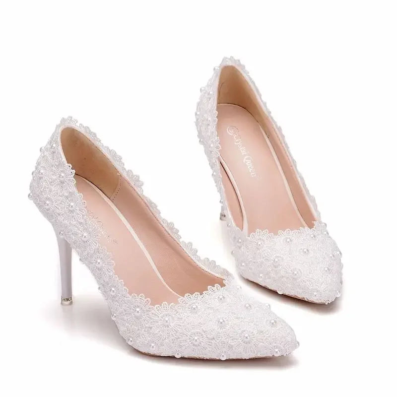 Pearl Lace Woman Pumps Fashion Wedding Shoes Women Basic Pump Stiletto Heels 9.5CM Heeled Shoes High Heels