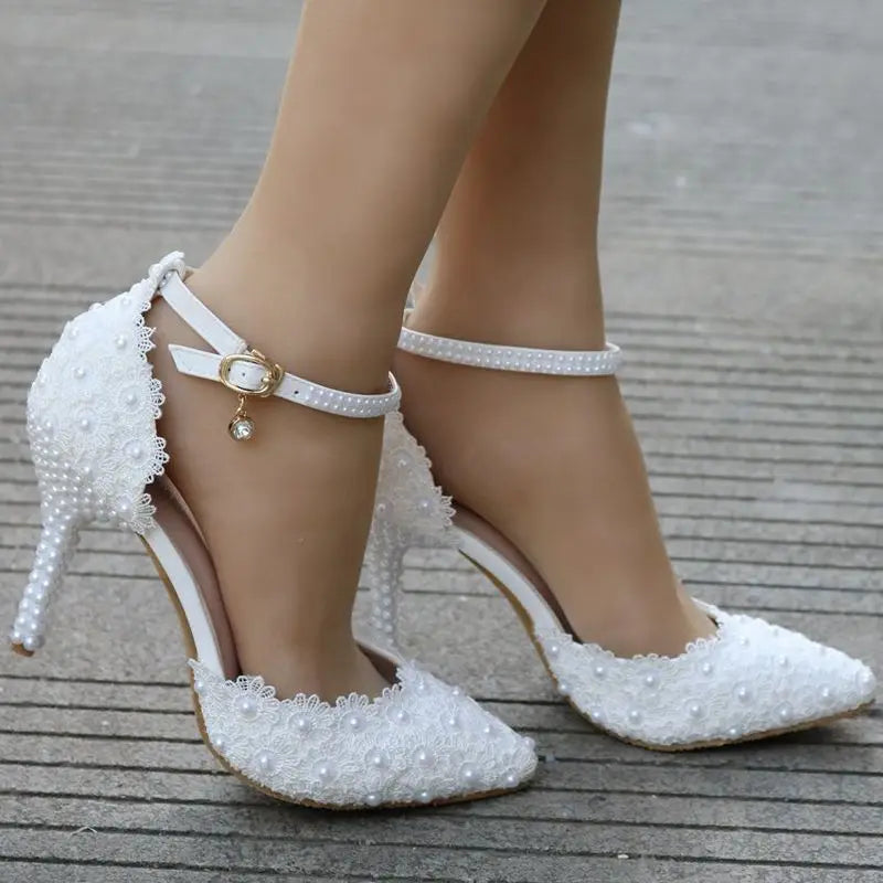 HOT sale fashion Women Shoes Pumps Buckle Strap Lace Round Toe Thin Heels 9.5CM sexy Party prom wedding shoes