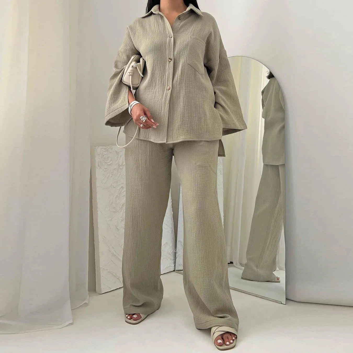 2023 Summer Pleated Long Sleeve Shirts Pant Sets Women Two Piece Set High Waist Trousers Button Ladies High Streetwear