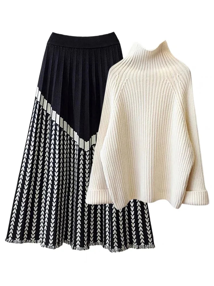 Autumn Winter Warm Knitted Suit Women Long Sleeve Half Turtleneck Knitting Sweater+striped Patchwork Knitting Skirts Sets 2023