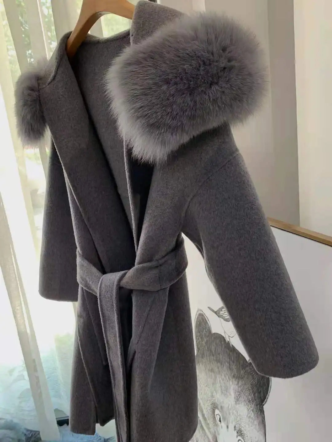 MENINA BONITA 2023 Fashion Belted Cashmere Coats Winter Hooded Wool Coat with Real Fox Fur Collar Cuff Women Warm Trench Peacoat