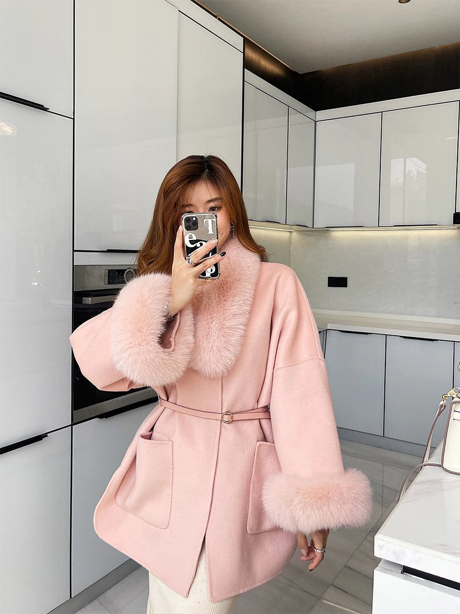 Winter Women Jacket 2023 New Wool Blends Natural Fox Fur Collar Sleeve Hair Cashmere Real Fur Coat Warm Luxury Outerwear