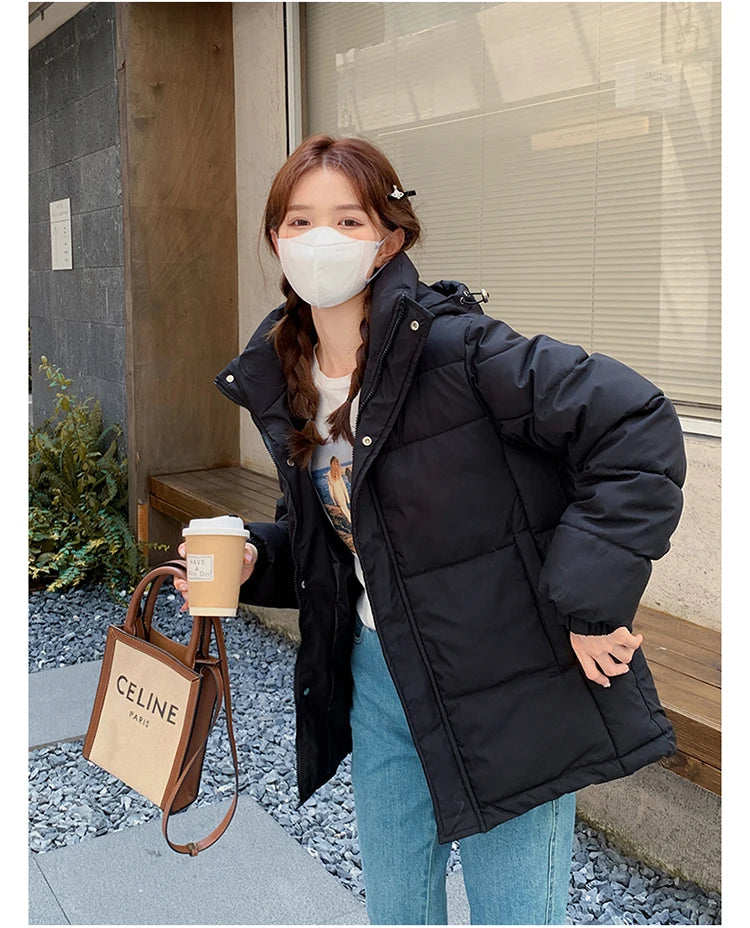 Korean Style Hooded down Jacket Coat Women's Cotton-Padded Coat Winter Casual Loose Bread Coat Fashion