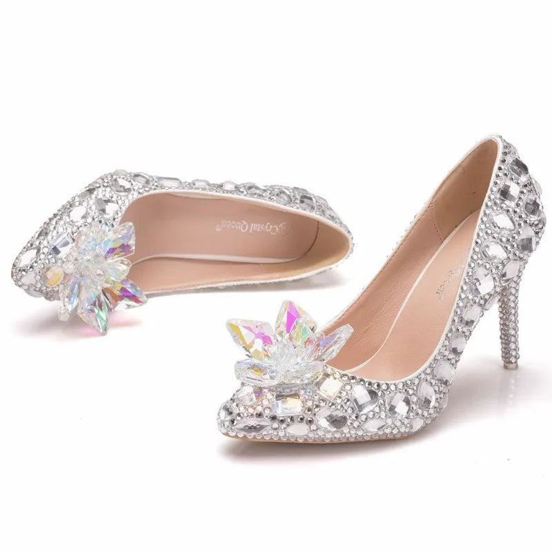 Woman Pumps Brand Design Lady Pointed Toe Rhinestone Slip-On PU 9CM Thin Heels Party Prom Korean Style Women Shoes Silvery