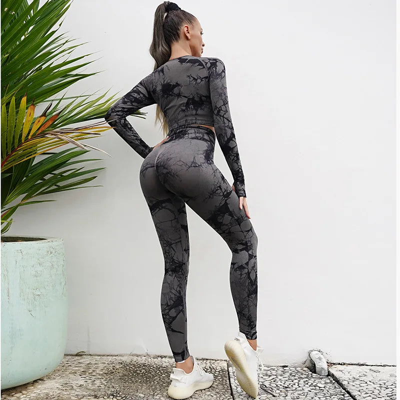 Die Dye Woman 2pcs Yoga GYM Set Sports Bra/Long Sleeve T-shirt Waisted Leggings Workout Suit Fashion Girls Fitness Tracksuit