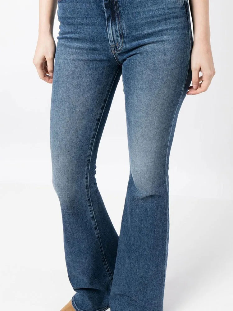 Women Blue Flared Jeans High Waisted Slim Versatile Elastic Long Denim Pants