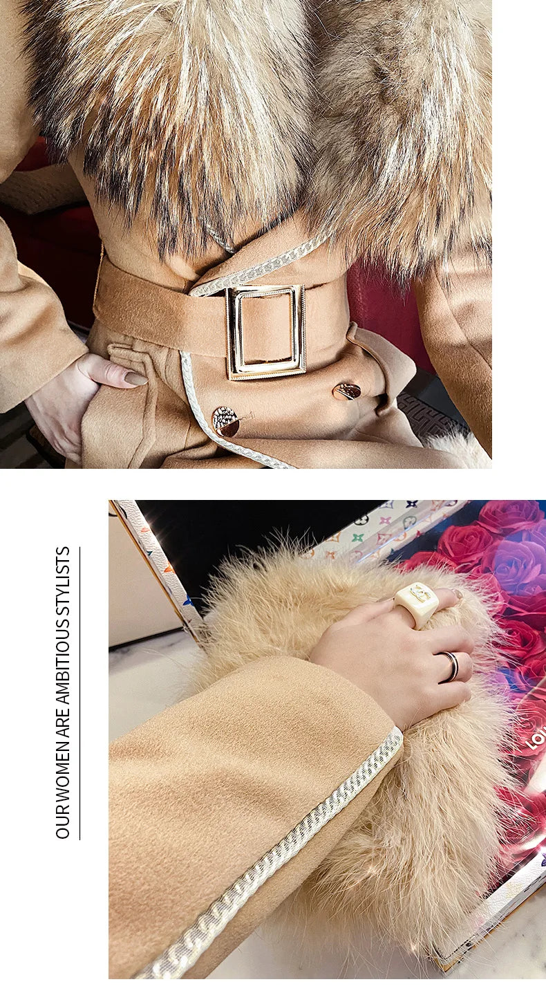 Woolen Coat Women's 2022 Autumn And Winter Korean Version Of The Raccoon Fur Collar long Slim Ladies Winter Woolen Camel Coat