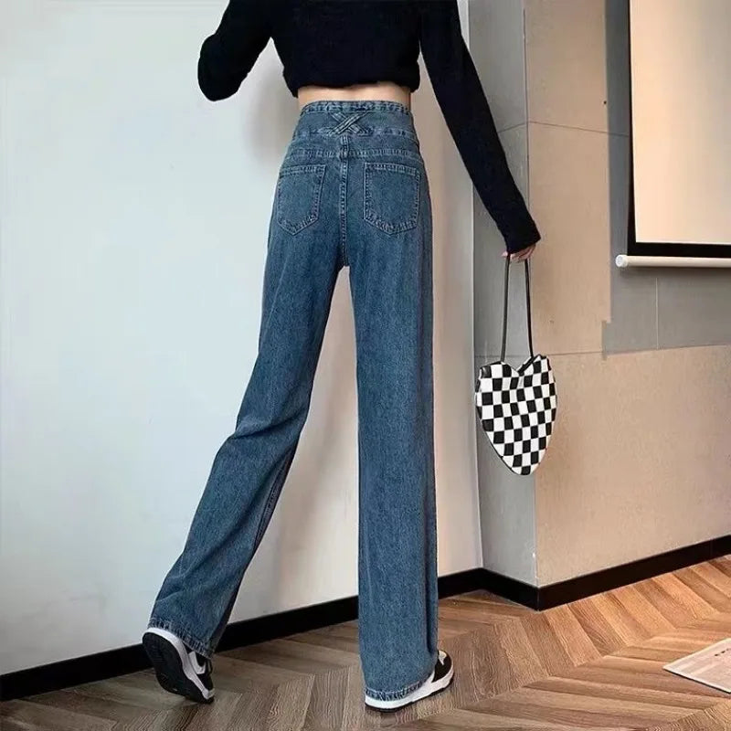 S-5XL High Waisted Jeans Women Simple Baggy Design Fashion Korean Style Vintage College Daily Trousers All-match Wide Leg Spring