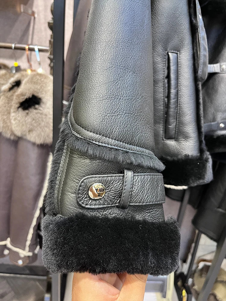 2023 Winter Women Coat Real Natural Merino Sheep Fur Genuine Leather Jacket Real Thick Warm Luxury Female Coats Motorcycle Suit