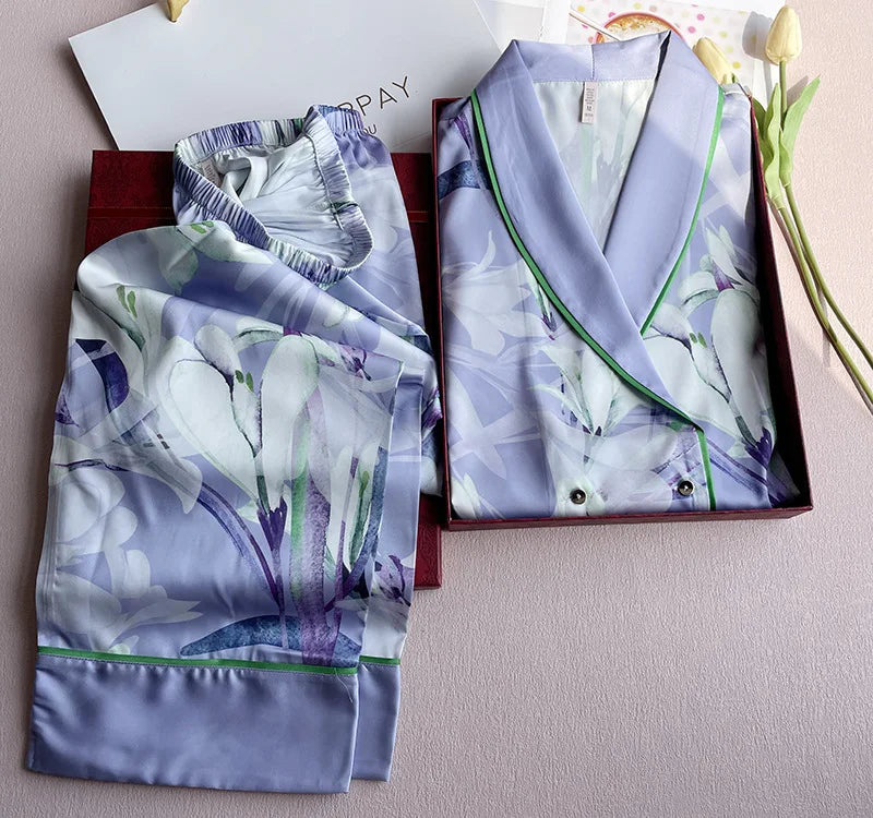 Faux Silk Pajamas Set Long Sleeve Sleepwear Women Home Clothes Pyjama Pour Femme Print Flower Pijama Mujer Loungewear Nightwear