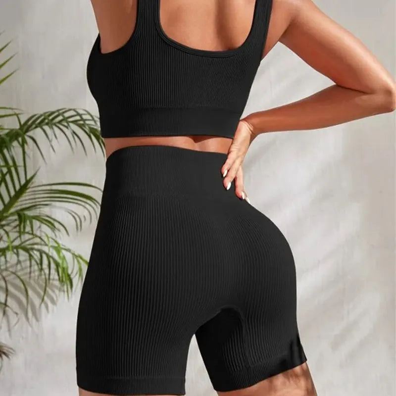 Women's 2-Piece Ribbed Seamless Breathable Sports Strap Vest High-Waisted Shorts Tracksuit