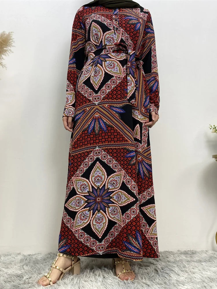 Hot Latest Arab Ladies Dubai Islamic Abaya Cherry Print Chiffon Detailed Kaftan Muslim Dress For Women Elegant Plus Size Dress