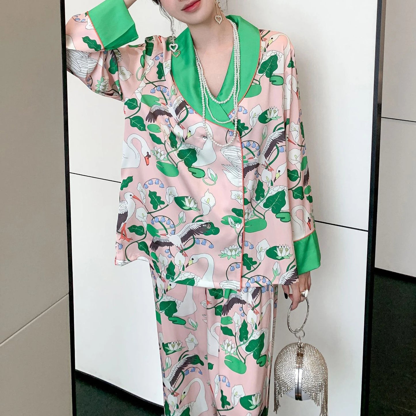 Faux Silk Pajamas Set Long Sleeve Sleepwear Women Home Clothes Pyjama Pour Femme Print Flower Pijama Mujer Loungewear Nightwear