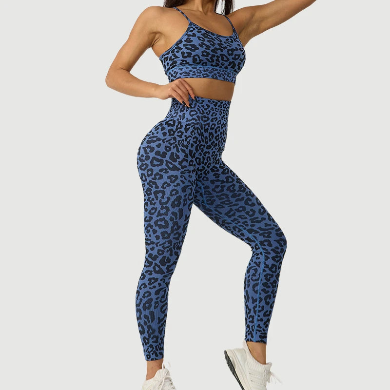 Leopard Gym Set Nylon Sports Bra Fitness Seamless Yoga Leggings Workout 2 Pieces Set Female Running Training Clothes Track Suit