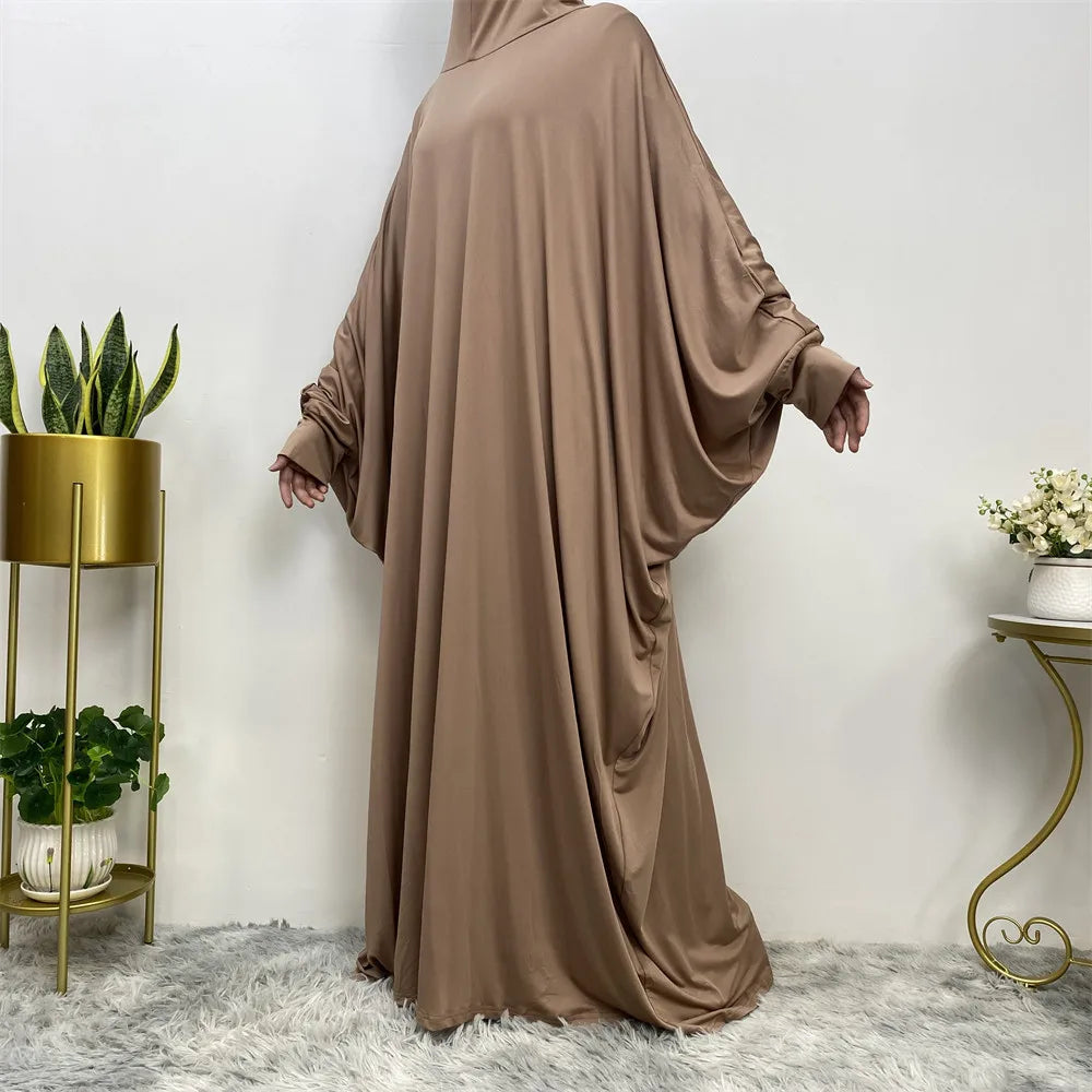 Middle East Muslim Women's Islamic Dress Robe Loose Bat Sleeve Dress Pure Colour With Small Bag Elegant temperament