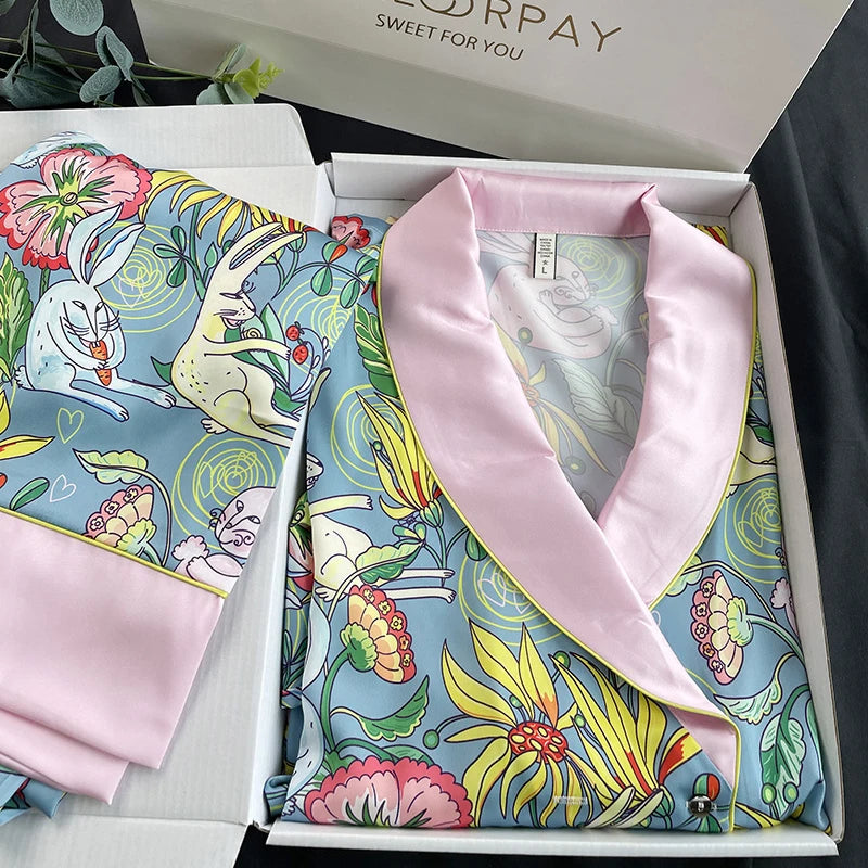 Faux Silk Pajamas Set Long Sleeve Sleepwear Women Home Clothes Pyjama Pour Femme Print Flower Pijama Mujer Loungewear Nightwear