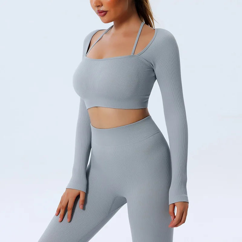 seamless Solid Color ribbed hanging neck quick dry Gym Women Fitness Long Sleeve Yoga Shirt Sport Top Comprehensive Training jog