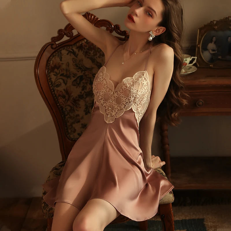 Women's Sleepwear Sexy Backless Nightdress Lace Patchwork Satin Lingerie Lace Up Pajama V Neck Sling Nightwear Lady Homewear