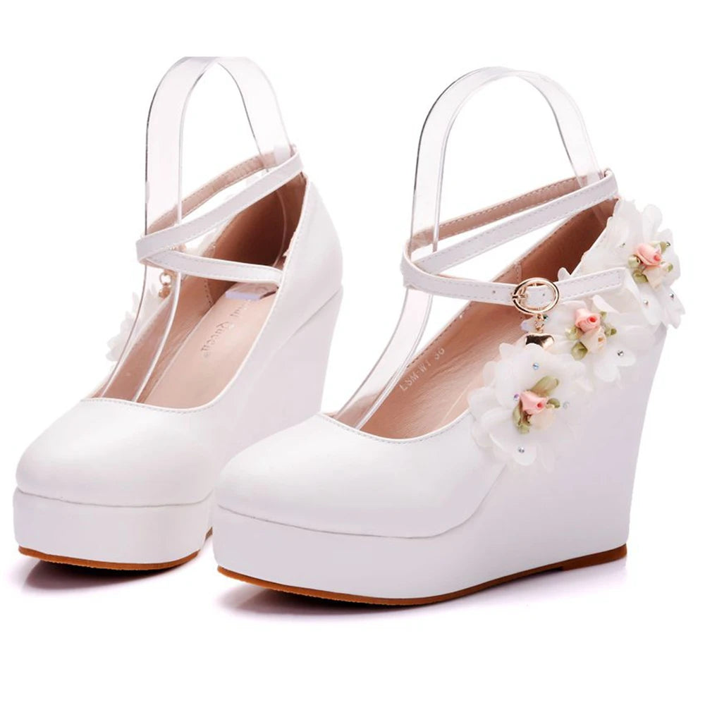 Crystal Queen White Women Wedding Party Pumps Wedge Heels Buckle Straps Lace Flower Bridal Platform Lady Dress Shoes