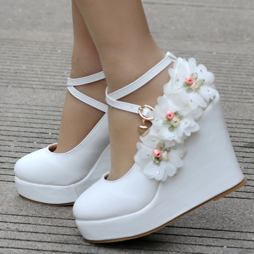 Crystal Queen White Women Wedding Party Pumps Wedge Heels Buckle Straps Lace Flower Bridal Platform Lady Dress Shoes