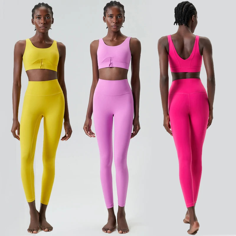 Women Two Pieces Fitness Yoga Set Solid Color Slim Fit Running Sportswear High Impact Bra And Leggings Gym Suit Workout Clothes