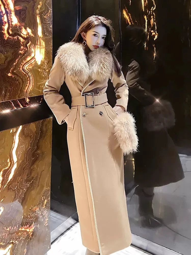 Woolen Coat Women's 2022 Autumn And Winter Korean Version Of The Raccoon Fur Collar long Slim Ladies Winter Woolen Camel Coat