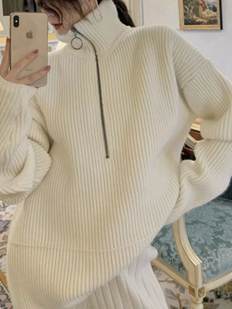 Autumn and Winter Zipper Sweaters Set Thickening Warm Knitted High Waist Women Pants Suit White Elegant Two Piece Set for Women