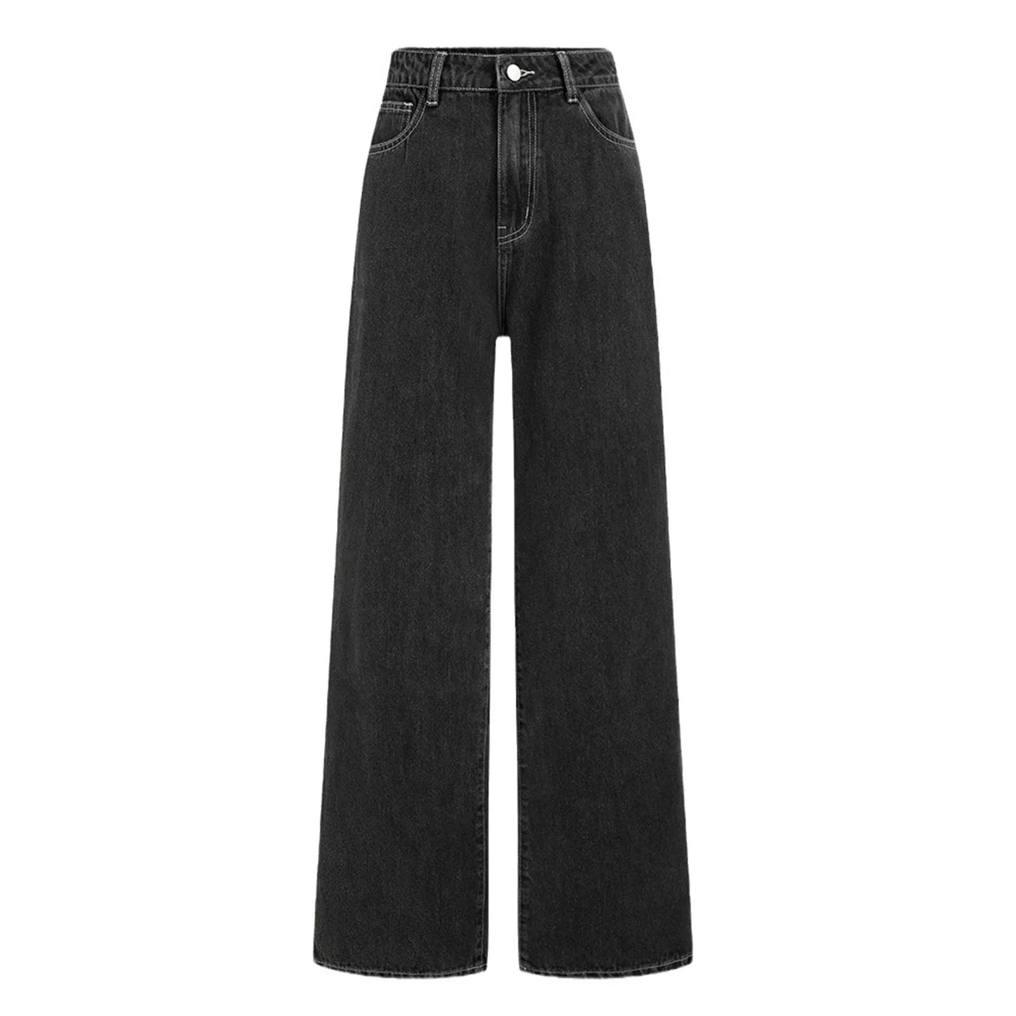 Pure Black High Waist Jeans Hip Lift White Line Contrast Casual Straight Leg Jeans Women'S Pants Korean Reviews Many Clothes