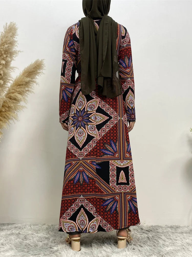 Hot Latest Arab Ladies Dubai Islamic Abaya Cherry Print Chiffon Detailed Kaftan Muslim Dress For Women Elegant Plus Size Dress