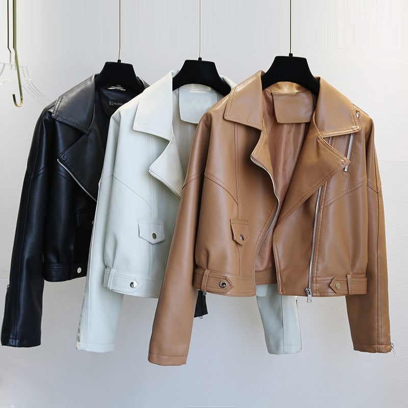 Leather Jacket for Zipper Biker Faux Brown PU Outwear