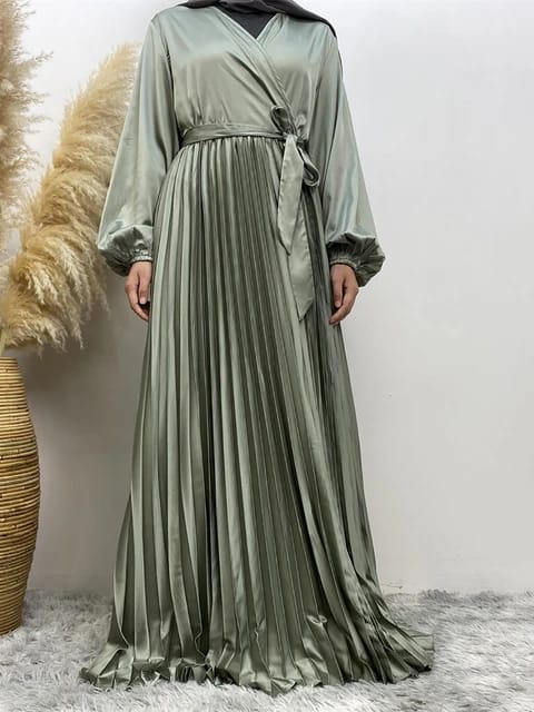 Elegant Satin Abaya Kaftan Dress – V-Neck Muslim Women’s Evening Wear
