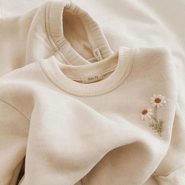 Flower Fleece Winter Set for Baby Girls – Warm Tracksuit with Pullover Sweatshirt and Pants