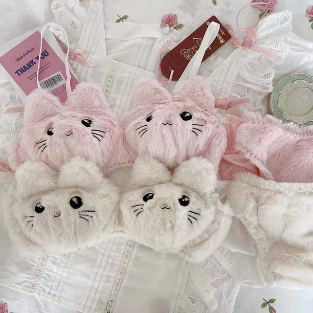 Japanese Kawaii Plush Women’s Cat Bra Set – Adorable Cartoon Underwear for Cute Comfort