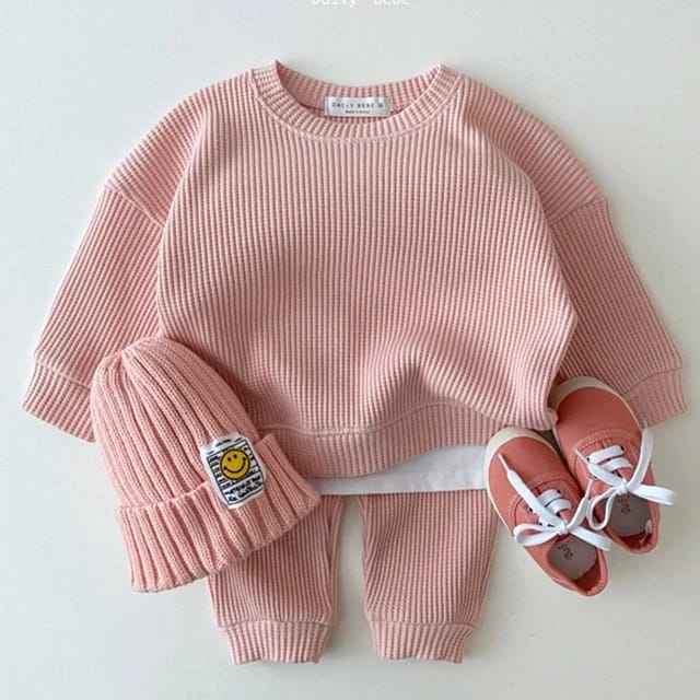 Korean Waffle Cotton Kids Tracksuit Set for Spring and Autumn