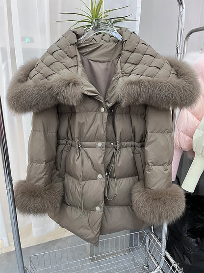 Luxurious Winter Fox Fur Collar Goose Down Jacket - Stylish and Warm Outerwear