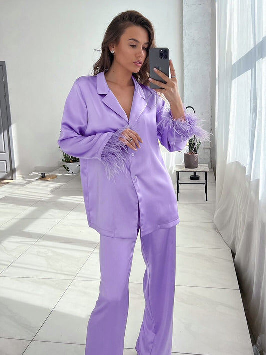 Women's Feather Pajama Set - Casual and Comfortable Sleepwear