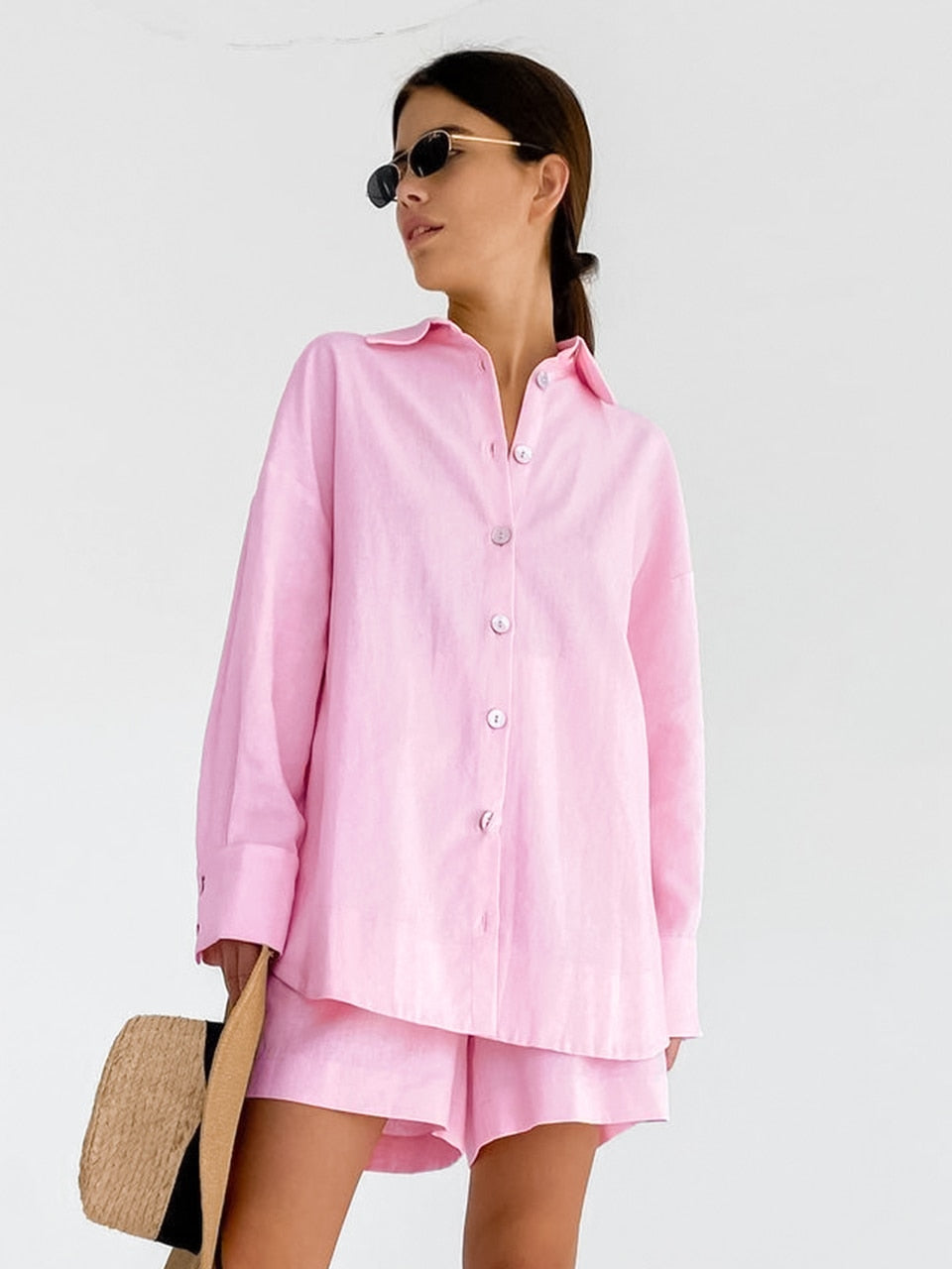 Women's Casual 2-Piece Sleepwear Set - Pink Long Sleeve Home Clothes with Shorts