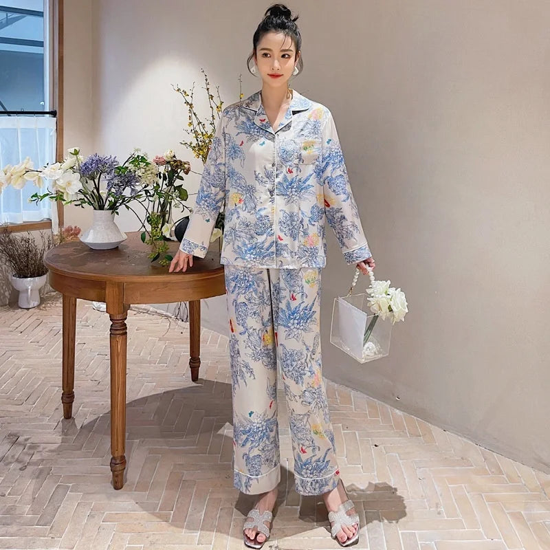 Ulady Women's Spring Printed Pajama Set - Stylish Ice Silk Sleepwear Suit