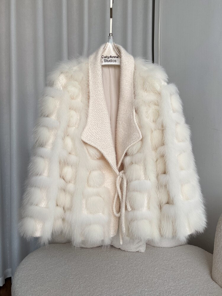 Luxurious Winter Women's Knitted Cardigan Jacket with Real Fox Fur