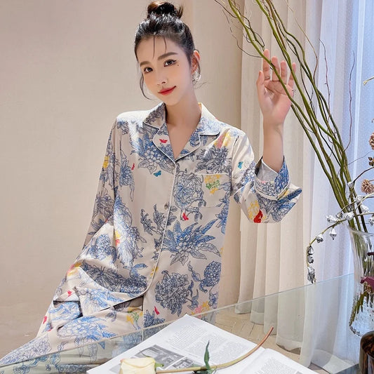 Ulady Women's Spring Printed Pajama Set - Stylish Ice Silk Sleepwear Suit