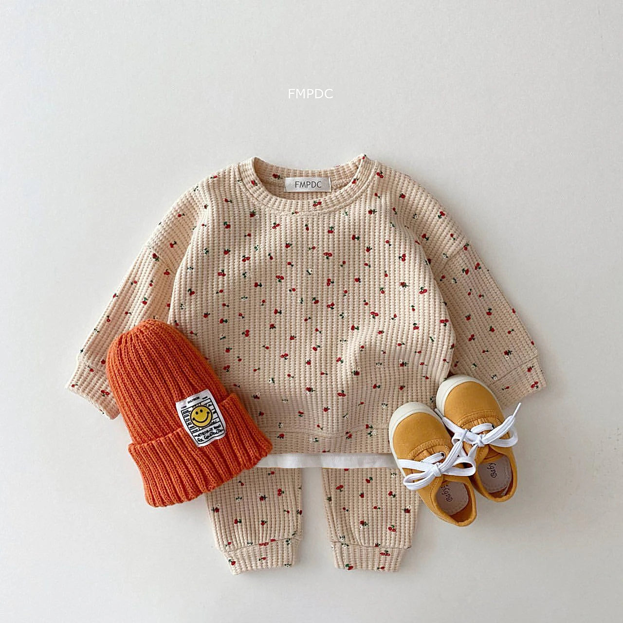 Toddler Waffle Cotton Fruit Print Sweatshirt and Pants Set - 2pcs Boys Suit or Baby Girl Outfit