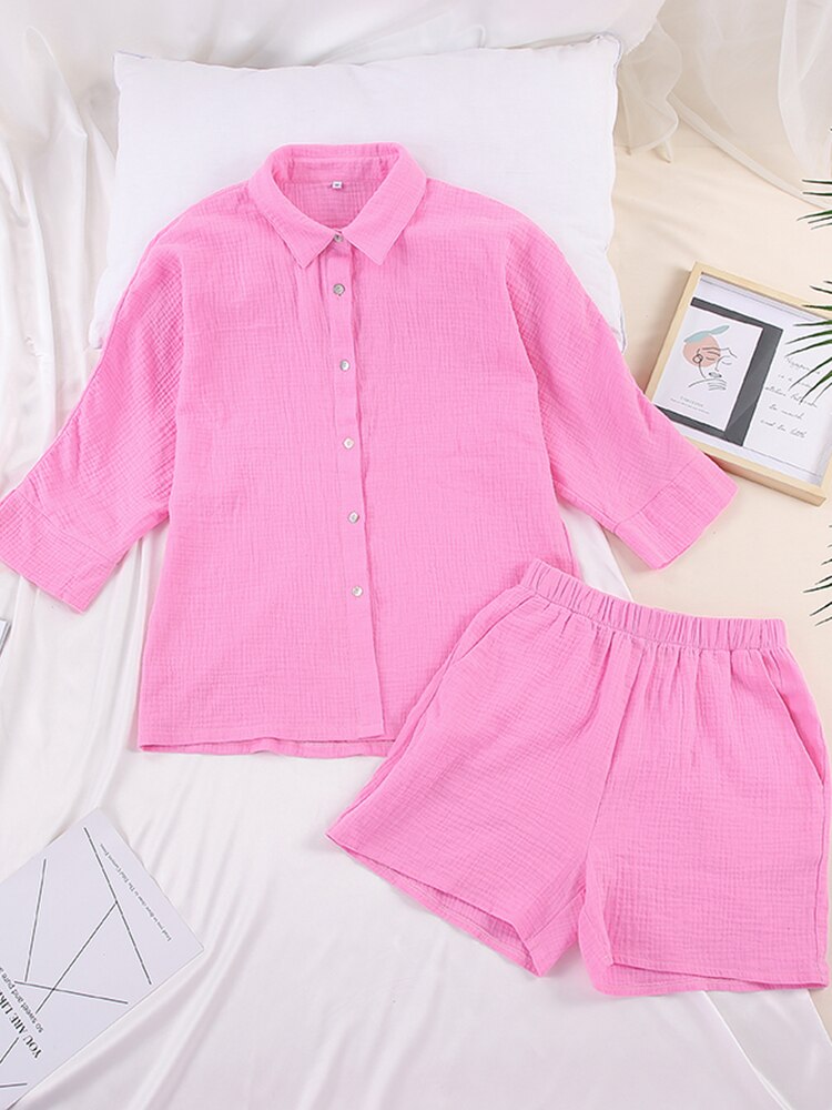 Women's Cotton Summer/Autumn Pajama Set - Sexy Shorts with Turn Down Collar Sleepwear