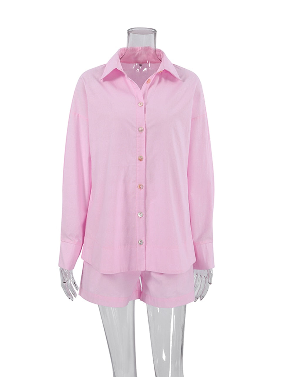 Women's Casual 2-Piece Sleepwear Set - Pink Long Sleeve Home Clothes with Shorts